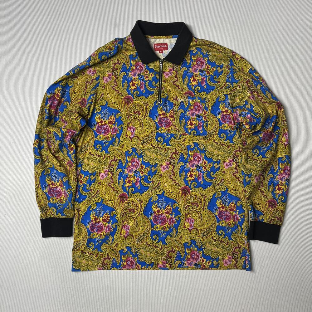 Supreme Polo Shirt Mens M Multicolor Long Sleeve Floral All Over Print 1/4 Zip